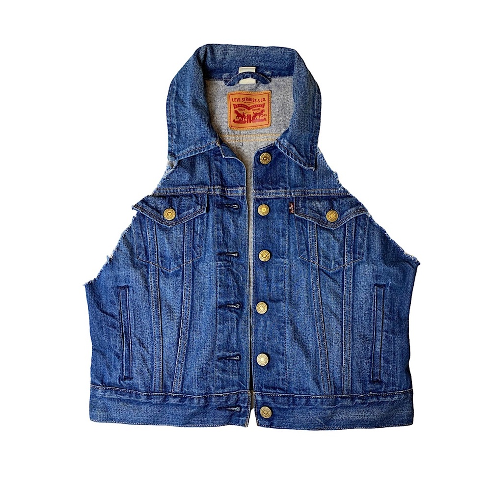 Custom Cut Levi's Cropped Denim Jean Vest Red Tab Medium/Dark Blue Wash M